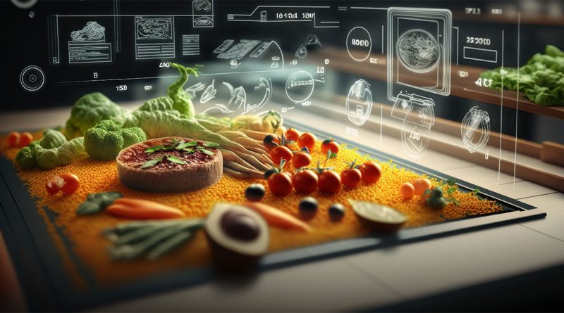 Futuristic image of different foods surrounded by technology to support AI in food article