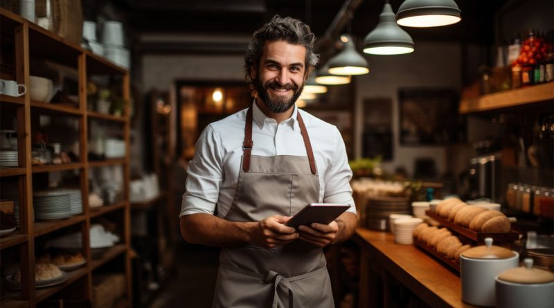Image of a man in food service uniform in a restaurant holding a tech device to support ai in the food industry article