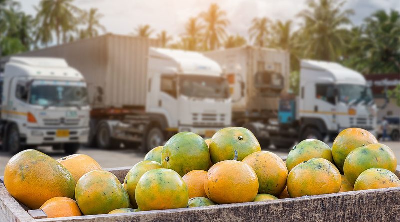 Image of a large box of fruits in front of three trucks on a road to support U.S. food supply chain image