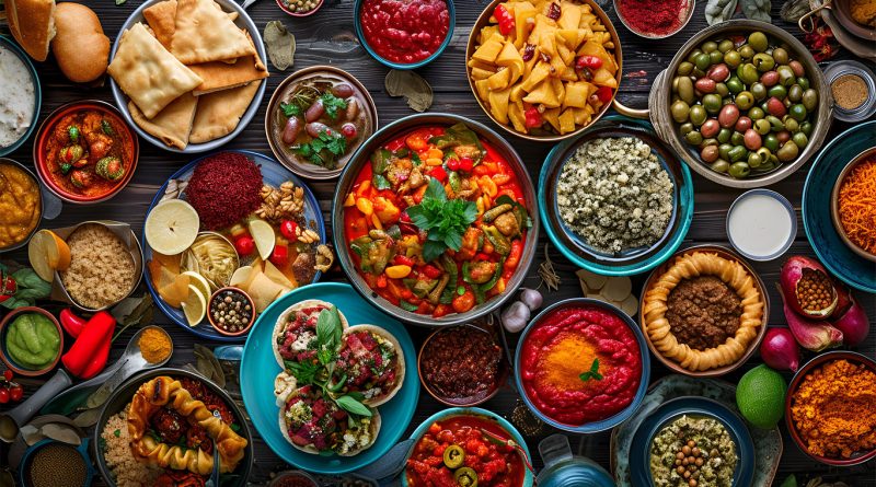 Birds eye view image of a table full of different multi-cultural foods of various colours and sizes to support heritage restaurants article