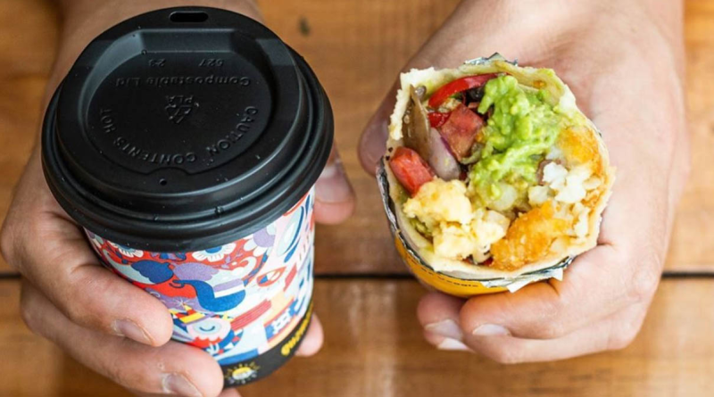 Image of a person holding a drink in a takeaway cup and a burrito to support guzman y gomez article
