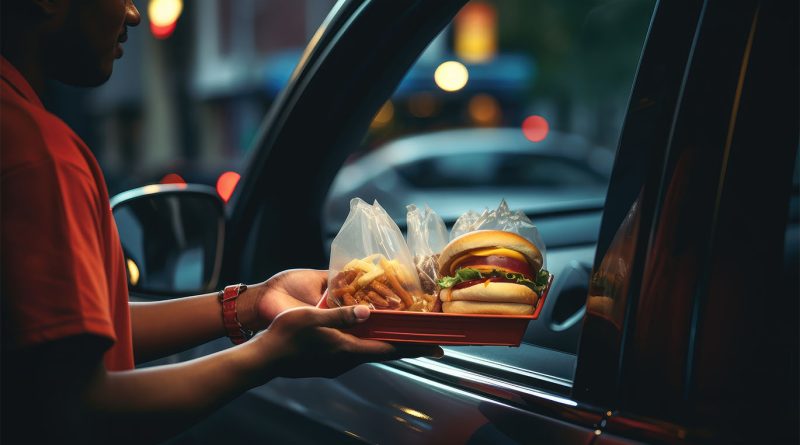 Digital image of a fast food server at the window of a car with different foods on a tray to support fast-food drive thrus article