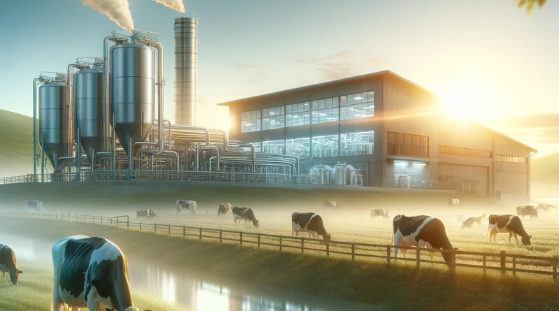 A serene dairy farm at sunrise showcasing cows grazing and a modern dairy processing facility, highlighting safety and technology in milk production.