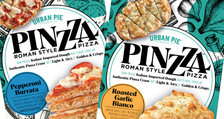 Two boxes of Urban Pie Roman style pizza with different toppings