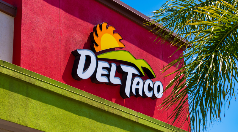 Del Taco logo on site of red and green building to support fast food rankings article