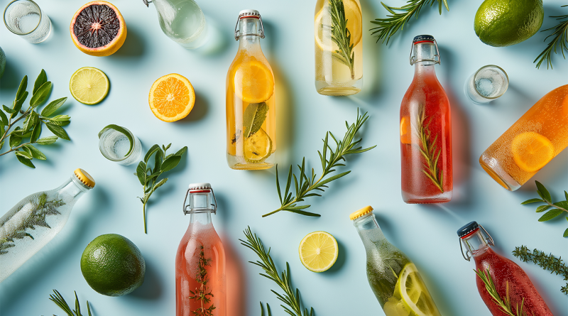 Different functional beverages laid out with different herbs and fruits surrounding them