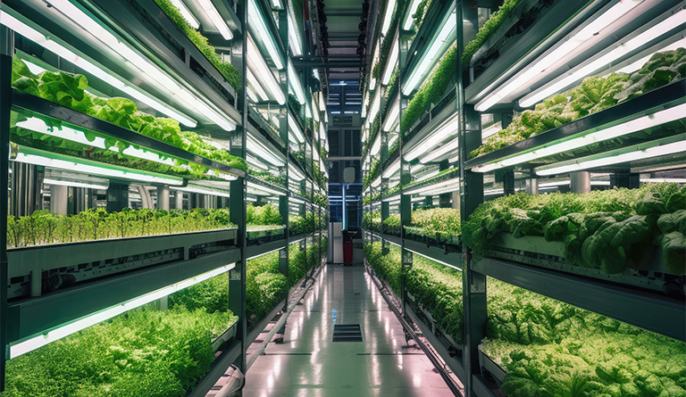 Rows of different crops growing in vertical farming facility