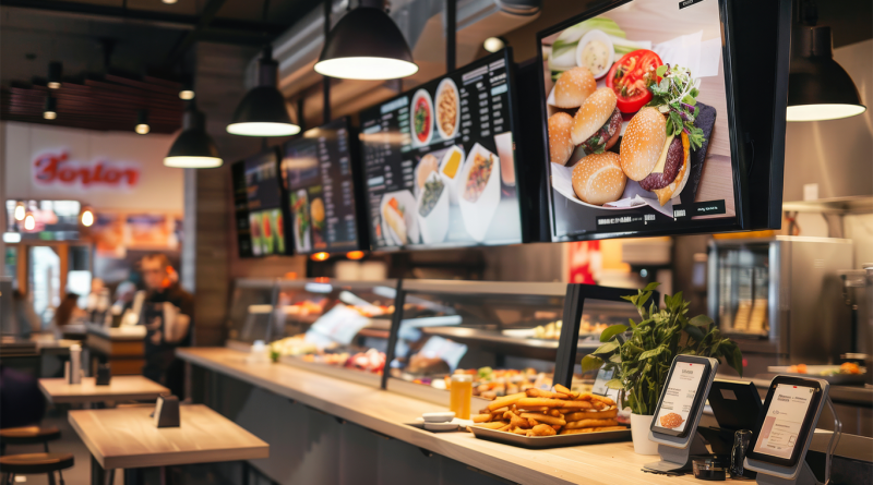 Fast food restaurant displaying food on screens to support best fast food burger article