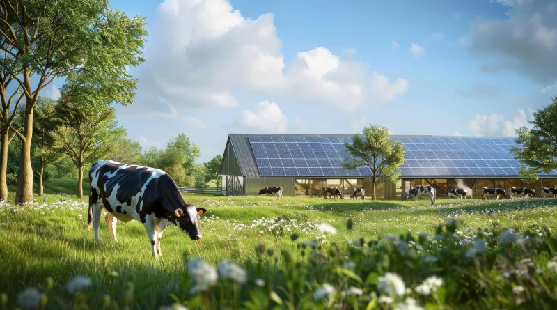 A sustainable dairy farm with cows grazing, and solar panels