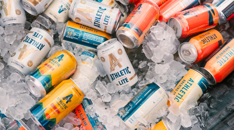 Athletic Brewing beer cans laid out in an ice busket