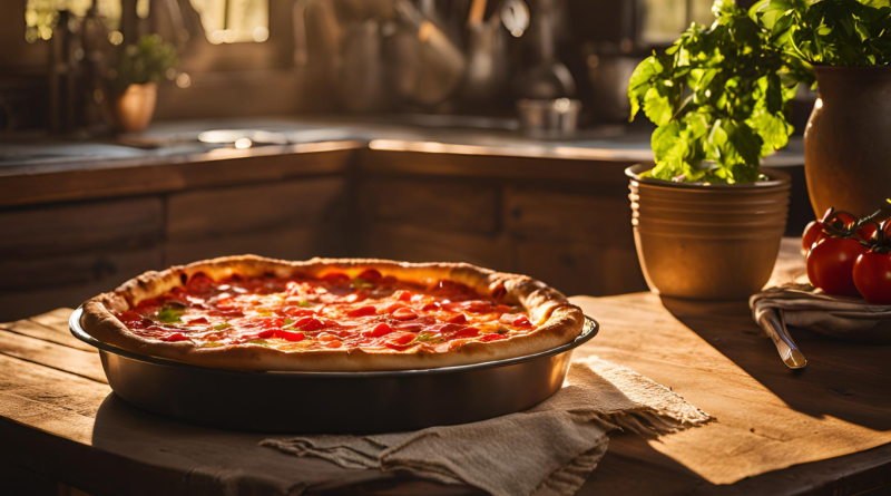 A classic Chicago deep-dish pizza with a golden crust, rich tomato sauce, and melted cheese, representing one of the must-try regional dishes in the U.S.