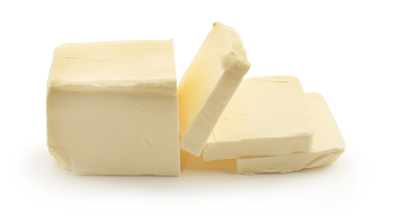 Block of butter on white background to support Costco butter recall article