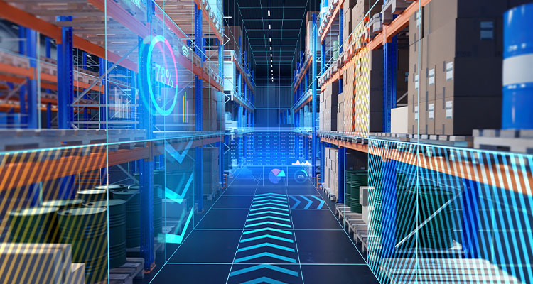 nnovation in storage industry. Futuristic warehouse. Storage hangar with virtual screens