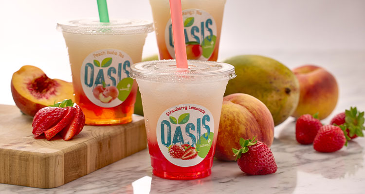 Three plastic pots of Oasis strawberry lemonade with straws