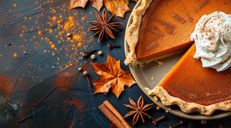 Pumpkin pie with cream for favorite holiday pie article