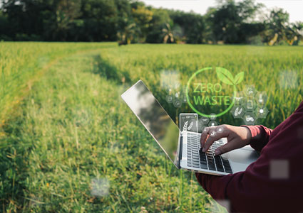 farmer analyzes plant data on a virtual screen