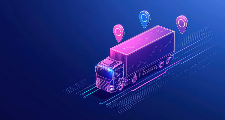 Illustration of a delivery truck navigating with digital tracking points on a blue background