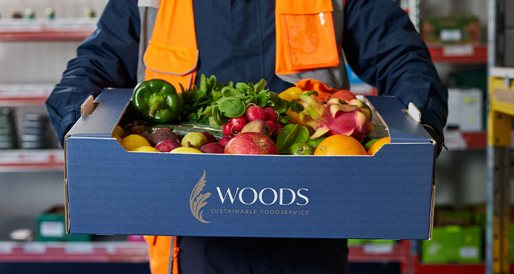 Blue box of Woods Foodservice produce