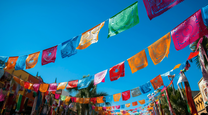 Colorful papel picado decorations and traditional Mexican banners, set up for Cinco de Mayo celebrations.