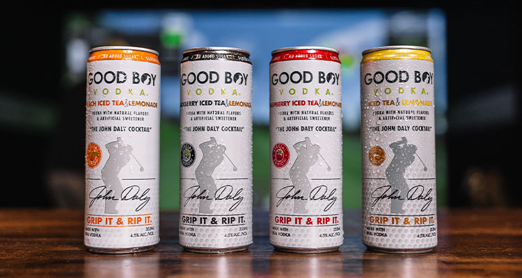 Four cans of Good Boy Vodka featuring golfer John Daly