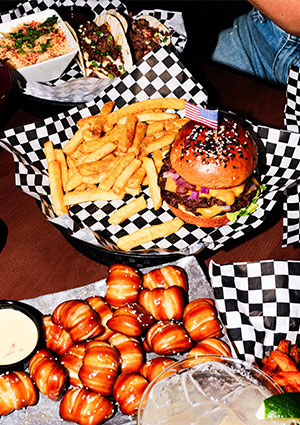 Burger with Stars & Stripes flag + fries