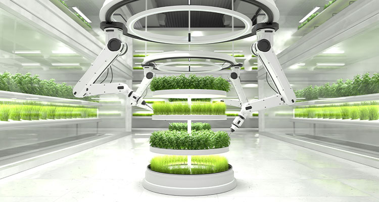 futuristic vertical farm utilizing robotic automation for plant cultivation