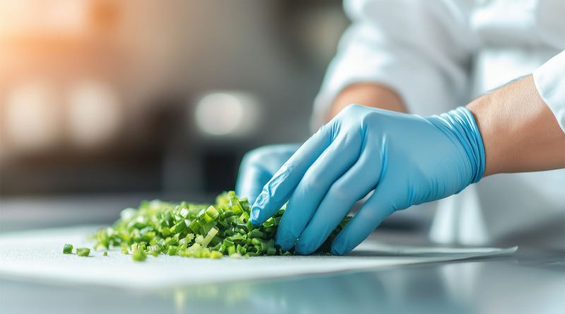 The 3 Best Places to Buy FDA-Approved Gloves for Food Processing Person chopping green onions in food prep environment with FDA-Approved Gloves