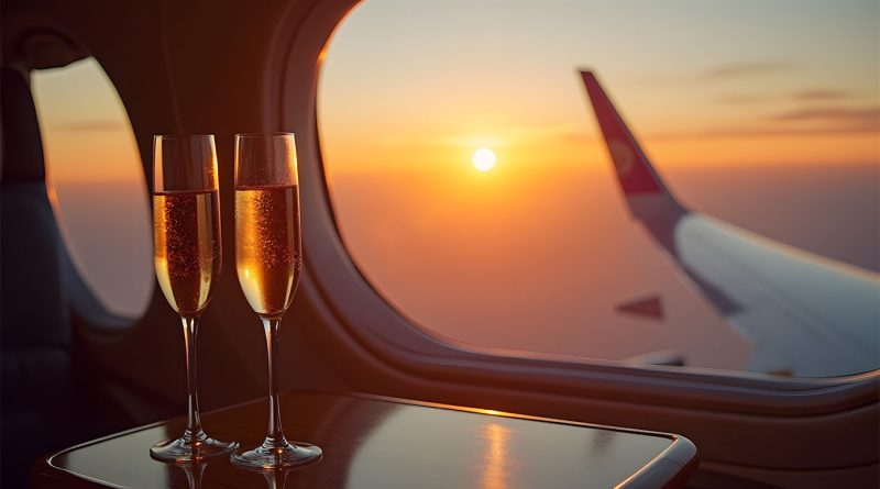 Emirates ups the ante with rare Dom Pérignon Rosé Vintage 2009 in First Class Glass of Dom Pérignon Rosé 2009 served on Emirates First Class tray table with cabin interior in background