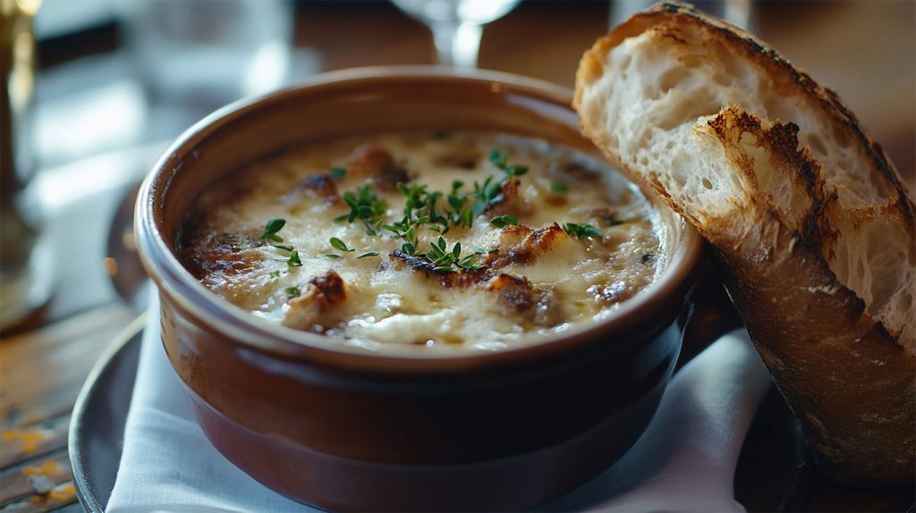 French Onion Soup in brown bowl with baguette for Fall Soup Recipes article