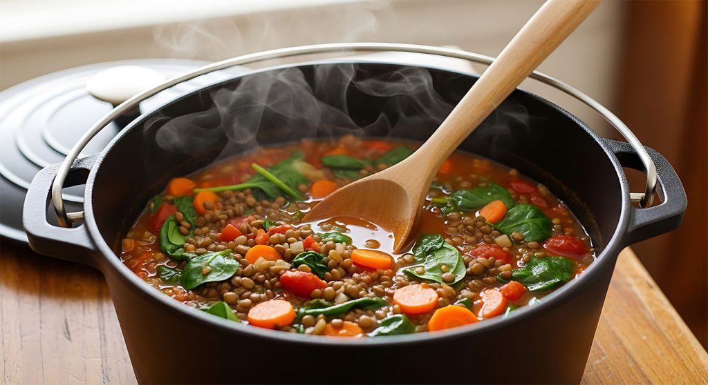 A bowl of lentil and spinach soup for the Fall Soup Recipes article