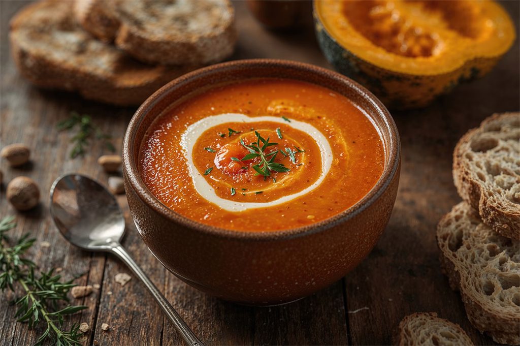 Bowl of Pumpkin soup with cream and bread to support Fall Soups Recipes