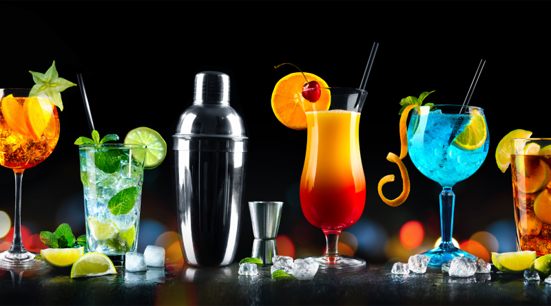 Set of various cocktails with on black background
