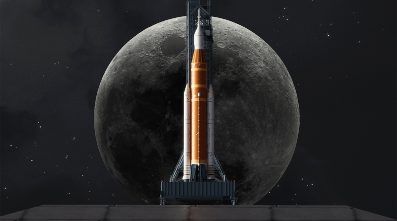NASA’s Space Launch System rocket stands on the launch pad with the Moon looming large in the background against a star-filled sky