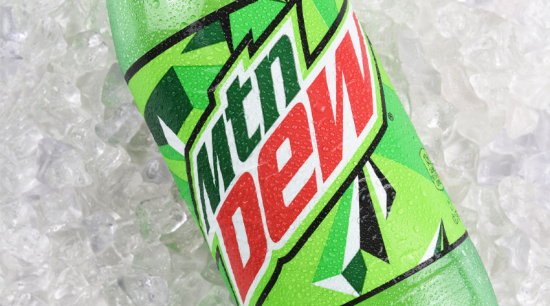 MTN Dew bottle Closeup on ice