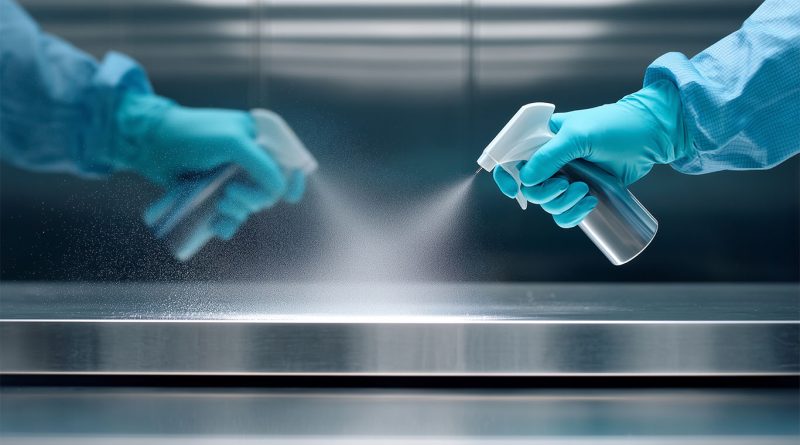 Sanitation and disinfectant being sprayed in kitchen
