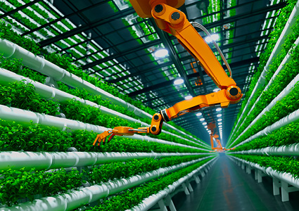 a futuristic hydroponic vertical farming system where automated robotic arms manage the cultivation of leafy greens