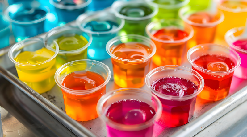 Colorful gelatin dessert cups arranged on a metal tray, illustrating the bright colors traditionally associated with Jell-O products as Kraft Heinz transitions toward natural ingredients and dye-free formulations.