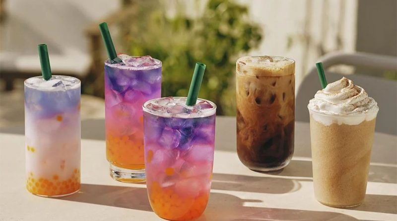 Starbucks summer drinks including the Tropical Butterfly Refresher and horchata inspired iced beverages displayed with colorful layered textures.