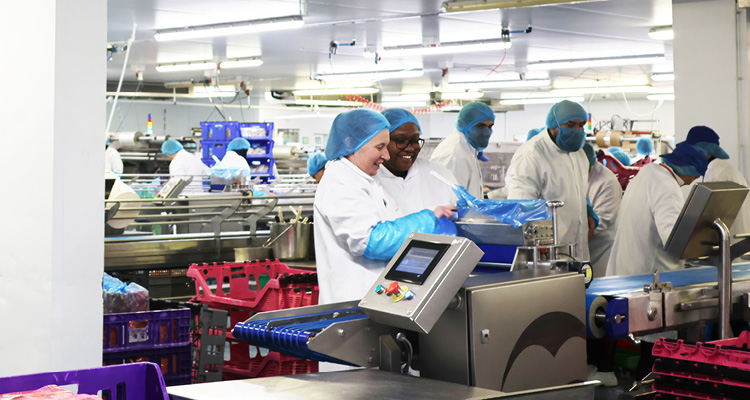 a busy, brightly lit food processing facility or industrial kitchen.