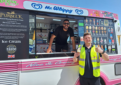 a modern Mr. Whippy ice cream van featuring Purbeck ice cream and eco-friendly electric capabilities