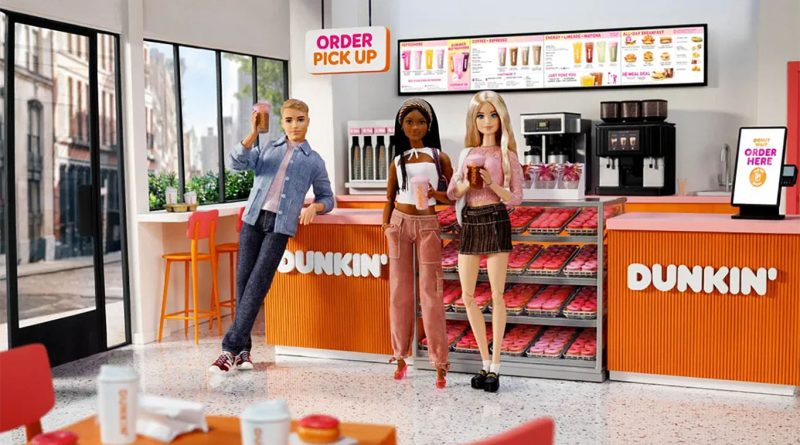 A selection of Dunkin pink summer beverages featuring Barbie Pink Strawberry Cold Foam alongside colorful Refreshers and iced coffee drinks.