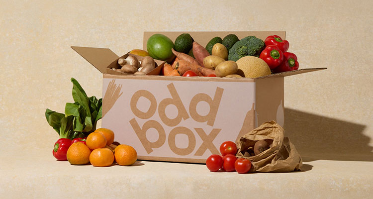 an Oddbox fruit and veg subscription box containing rescued produce