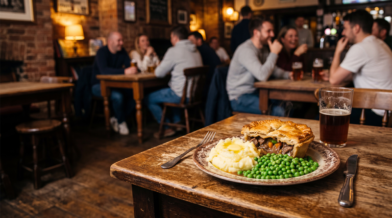Traditional British steak and ale pie served with mashed potatoes and peas on a rustic pub table, with a pint of beer and diners enjoying a warm, busy pub in the background.