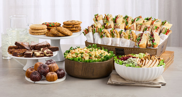 a large catering spread from Corner Bakery Cafe