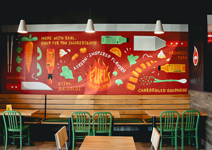 the interior of a Flame Broiler restaurant