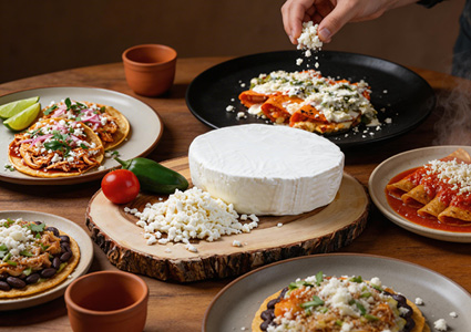 a spread of traditional Mexican dishes featuring a large round wheel and crumbled pieces of queso fresco