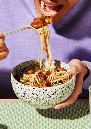 a bowl of chicken noodles or stir-fried Asian noodles garnished with spring onions
