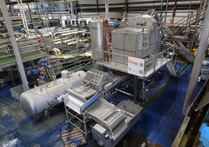 an overhead, wide-angle view of a large industrial processing facility, likely a food manufacturing or packaging plant