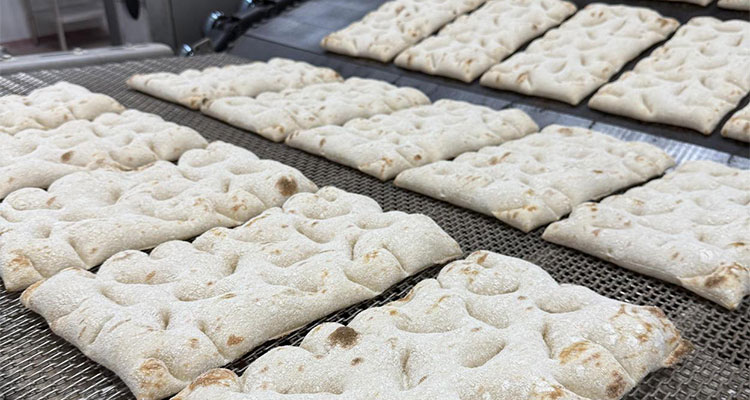 rectangular, par-baked flatbreads or pizza bases moving along an industrial mesh conveyor belt