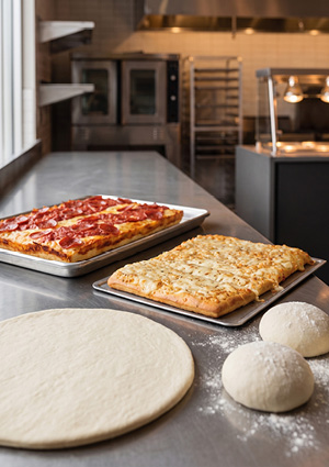 DeIorio Foods pizza dough products, including pizza shells, sheeted dough and dough balls, displayed in a commercial kitchen.